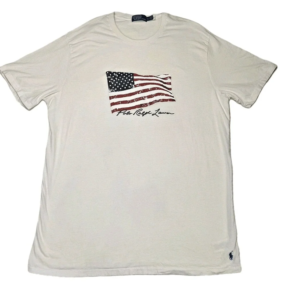 Polo Ralph Lauren Mens 2XLT Off White‎ American Flag Graphic T-Shirt Tall Fit